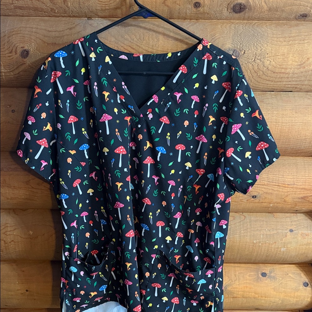 Colorful Mushroom Print Scrub Top
